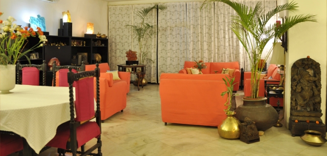 Living room of a BnB in Delhi